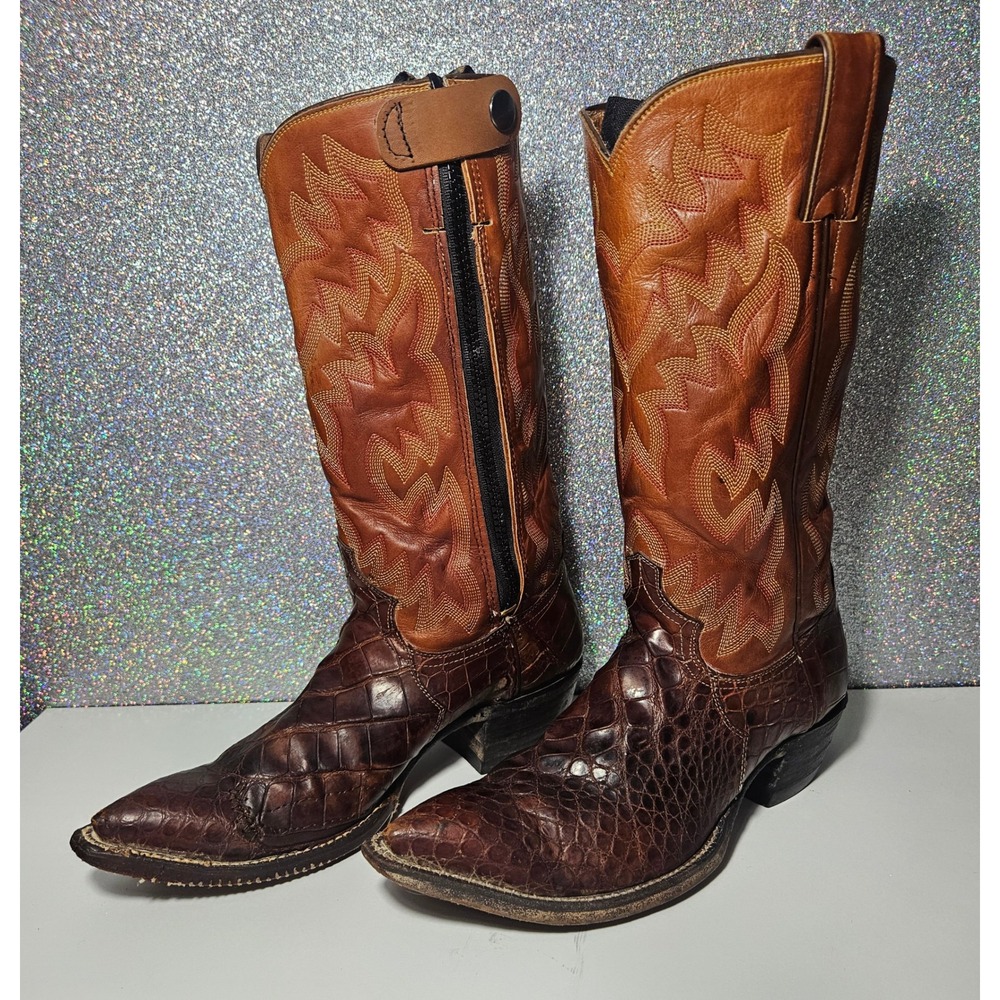 JUSTIN Vintage Exotic Caiman Crocodile Western Boots Brown Zippered Men 6.5 D W8 - Picture 2 of 10